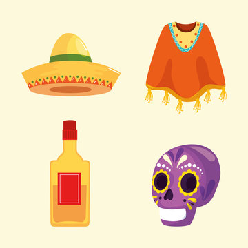 Mexican skull tequila bottle poncho and hat design, Mexico culture tourism landmark latin and party theme Vector illustration