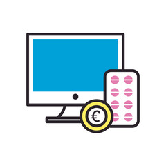 Pills tablet computer and coin fill style icon vector design