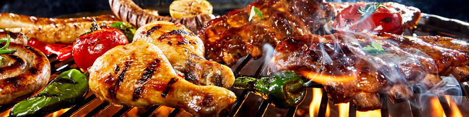 Very wide panorama banner of meat on a barbecue