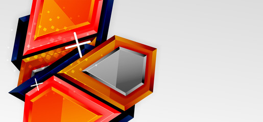 Metal glossy shiny geometric shapes with 3d effect composition. Techno futuristic vector abstract background For Wallpaper, Banner, Background, Card, Book Illustration, landing page