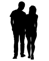 Young man and woman are standing next to each other. Isolated silhouette on a white background