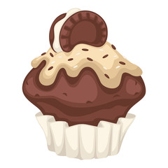 Cupcake or brownie with cocoa, chocolate and cookie