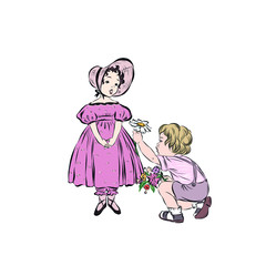 Boy gives wild flower to princess girl in ball down pink dress and hat in vintage style . 