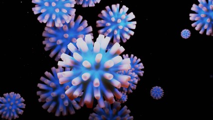 close-up coronavirus type covid-19, h1n1, bird flu or swine flu background. 3d rendering of representation of virus as microbiological microscopic background. Blue white gradient