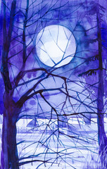 Watercolor illustration of a beautiful winter Russian forest with a huge moon and village houses in the background