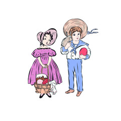 Girl in vintage style holds a basket with easter cake, eggs. Boy dressed in a sailor suit, straw hat keep a rabbit and red big egg. Hand drawn retro people. Brother and sister standing together. 