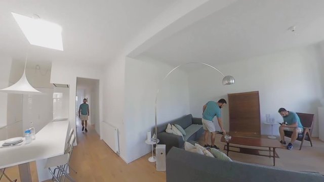 Video collage of cloned man in a big house during lockdown due to Covid19 pandemic.Multi task, social distancing, isolation, loneliness, stay at home or self quarantine concept.
