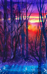Watercolor illustration of a beautiful Russian forest at sunset