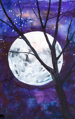 Watercolor illustration of a beautiful Russian forest against a huge moon
