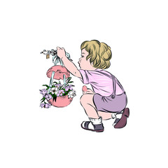 Boy holds easter egg with flowers. 