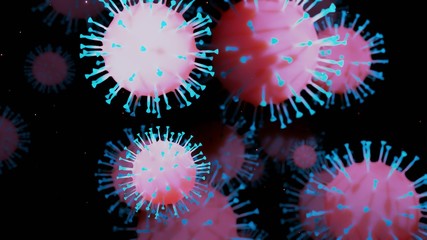 Obraz premium close-up coronavirus type covid-19, h1n1, bird flu or swine flu background. 3d rendering of representation of virus as microbiological microscopic background. Blue red gradient colors