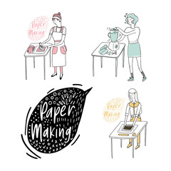 Vector illustration sketch doodle style set of a woman in a hand making process