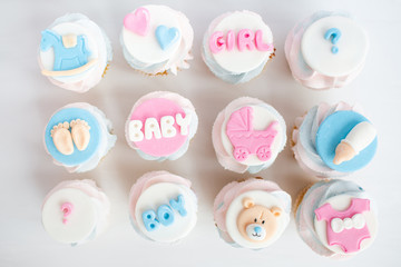 Fototapeta na wymiar Is it a boy or a girl concept. Twins baby shower decorations. Baby shower cupcake for a boy and a girl. Blue and pink cupcake with mastic.