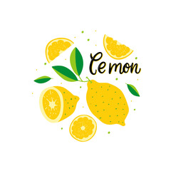 Fresh ripe lemon vector flat illustration with lettering.