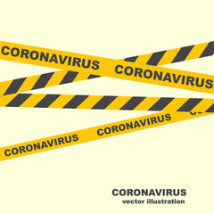 Coronavirus concept. Caution lines. Yellow ribbons. Warning tapes. Danger signs. Vector illustration flat design. Restricted area prevention. Landing page 2019-ncov danger zona.