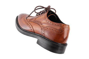 Classic brown men's oxfords shoes, with Derby type lacing, isolated on a white background, casual shoes for office