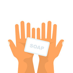 Soap in hand. Coronavirus Prevention. Vector illustration flat design isolated on background. Wash hands. Personal hygiene. Disinfection, skin care. Antibacterial washing.
