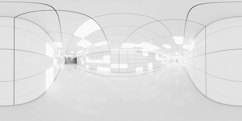 Full 360 degree equirectangular panorama hdri of modern futuristic white hallway interior 3d render...