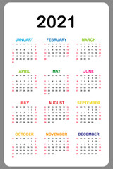 Calendar 2021 yearly. Week starts on Sunday. Vector illustration.