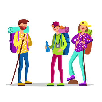 Hikers Characters With Touristic Equipment Vector Illustration