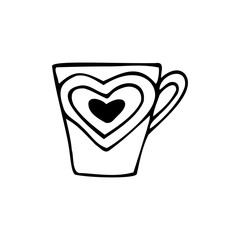 Hand drawn cup for hot drinks decorated with hearts isolated on a white background. Doodle, simple outline illustration. It can be used for decoration of textile, paper.