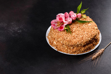 Fresh delicious cake napoleon with cream on a dark background