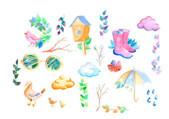 spring set of twigs, birds, birdhouse, boots, sunglasses