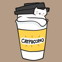Catpuccino, cat in coffee cup cartoon vector illustration