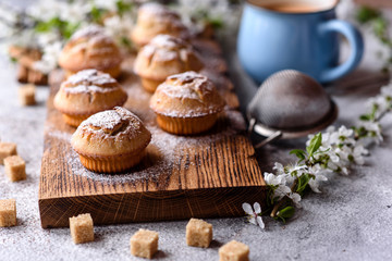 Fresh baked cupcakes of rice flour with banana and vanilla with a mug of hot chocolate