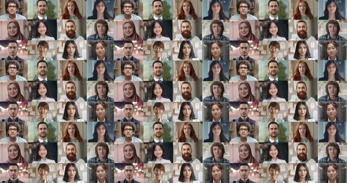 Collage of portraits of multi- ethnic and cultural happy people from all around the world, looking at camera and positively smiling - globalization, diversity concept 4k footage