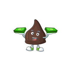 A cheerful chocolate conitos mascot design with some money on hands