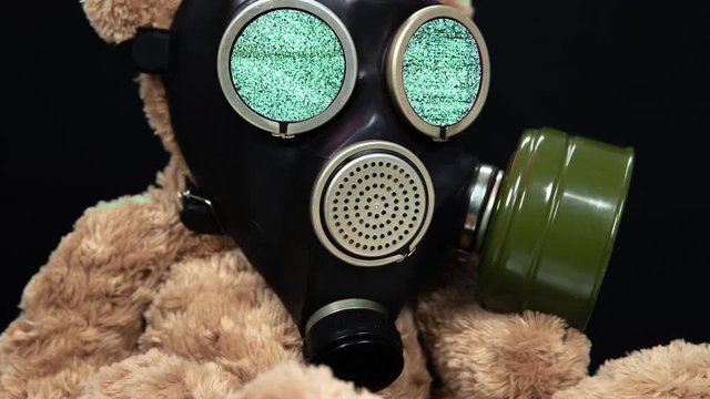 Teddy bear wearing gas mask.