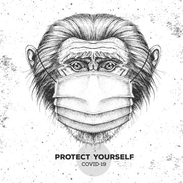 Hand drawing Animal monkey wearing face medical mask. Covid-19 protection methods. Coronavirus Quarantine Warning. Vector illustration