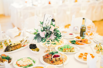 Interior of a restaurant prepared for wedding ceremony