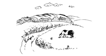 Cow in the meadow. Rural view. Vector illustration. Hand drawing, sketch.