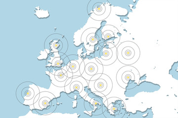 Obraz premium Mobile Phone Tracking. Illustration with map of Europe and mobile phones.