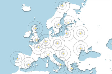 Mobile Phone Tracking. Illustration with map of Europe and mobile phones.