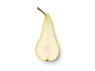 Fresh pears cut in half isolated on white