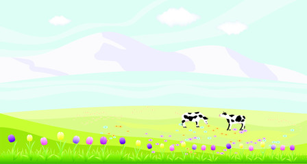Fresh alpine meadow, mountains, cows. Flower field with tulips. Vector illustration.
