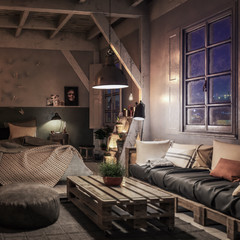 Truss Loft Bedroom with Pallet Furniture by Night (focused) - 3d visualization