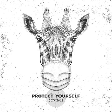Hand drawing Animal giraffe wearing face medical mask. Covid-19 protection methods. Coronavirus Quarantine Warning. Vector illustration