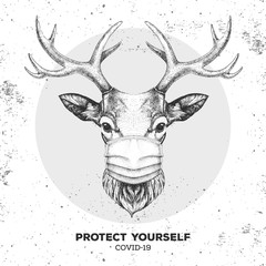 Hand drawing Animal deer wearing face medical mask. Covid-19 protection methods. Coronavirus Quarantine Warning. Vector illustration