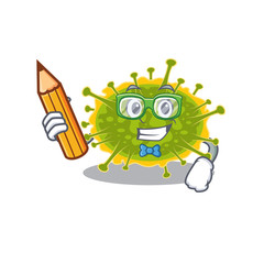 A brainy student insthoviricetes cartoon character with pencil and glasses