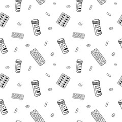 Medical doodle pattern. Healthcare and pharmacy hand drawn objects, symbols and items on transparent backdrop. Seamless vector background.
