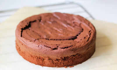 
Chocolate sponge cake on the table. Bake a biscuit