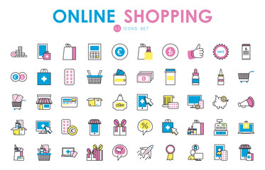 50 Shopping online and medical care fill style icon set vector design