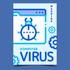 Computer Virus Warning Advertising Poster Vector. Computing System Virus, Bug On Folder Background And Mechanical Gears On Promotional Banner. Concept Template Stylish Colorful Illustration