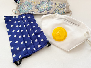 Corona virus worldwide protection. Homemade fabric protective mask. Respirator with filter.