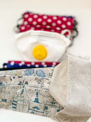 Corona virus worldwide protection. Homemade fabric protective mask. Respirator with filter.