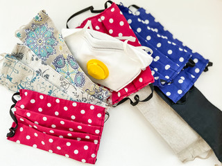 Corona virus worldwide protection. Homemade fabric protective mask. Respirator with filter.